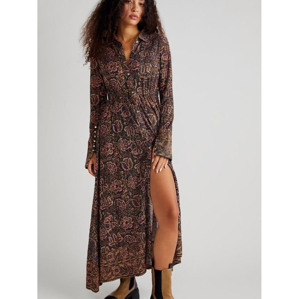 Free People Maribelle Knit Maxi Top Buttondown Longline Print Oversized M